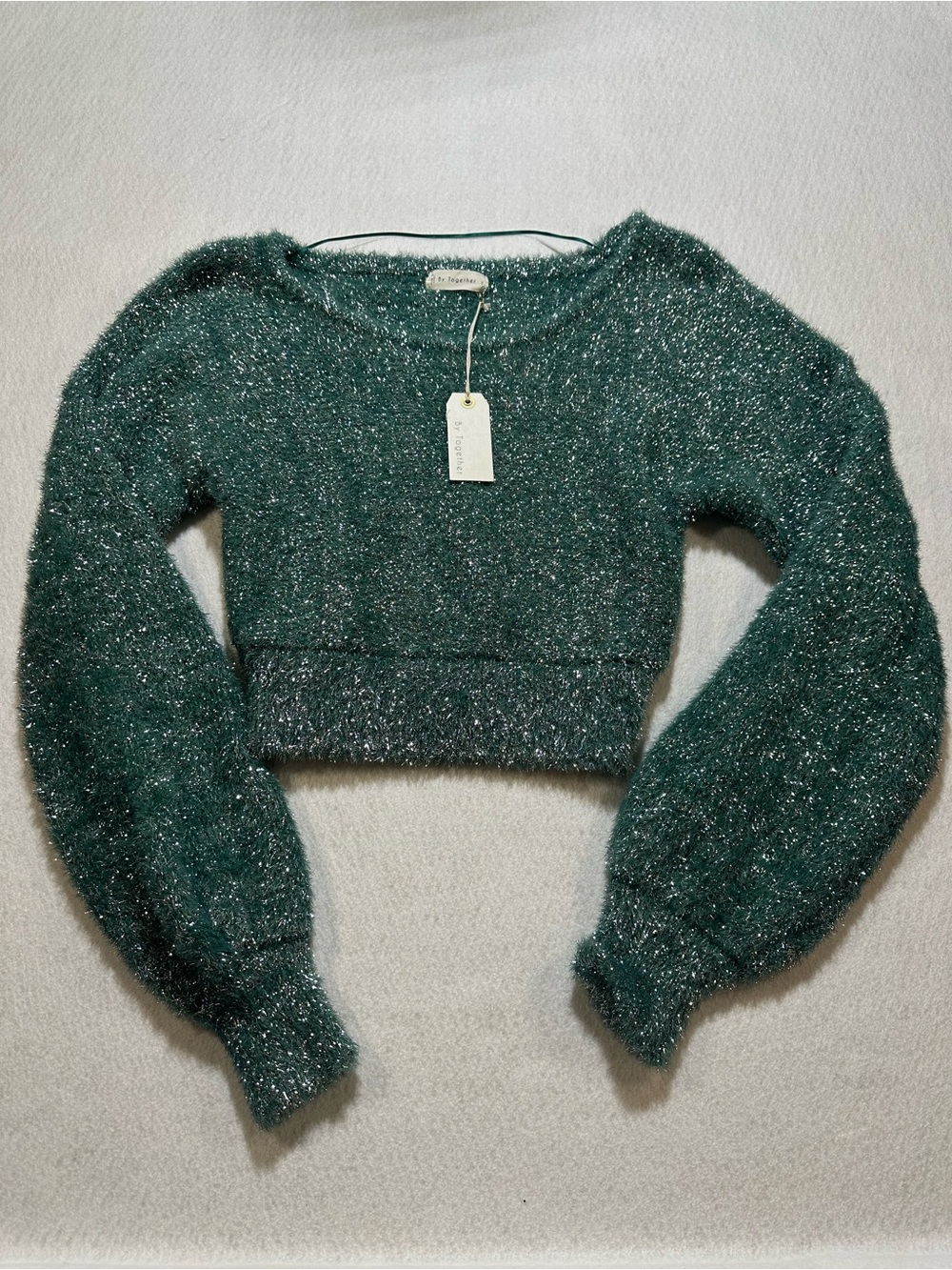 By Together Teal Metallic Cropped Crewneck Sweater